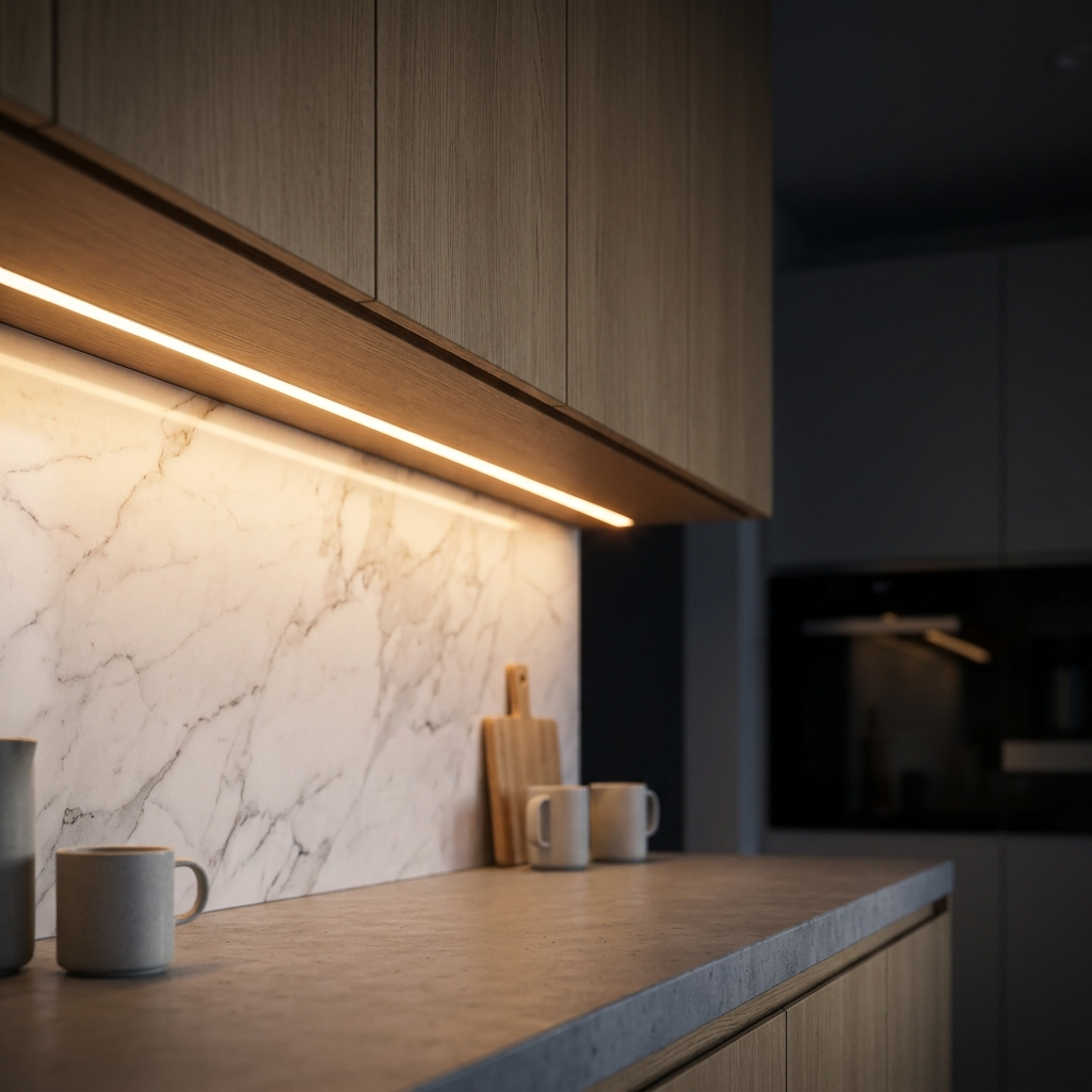 Warm LED under-cabinet lighting in a modern kitchen at night
