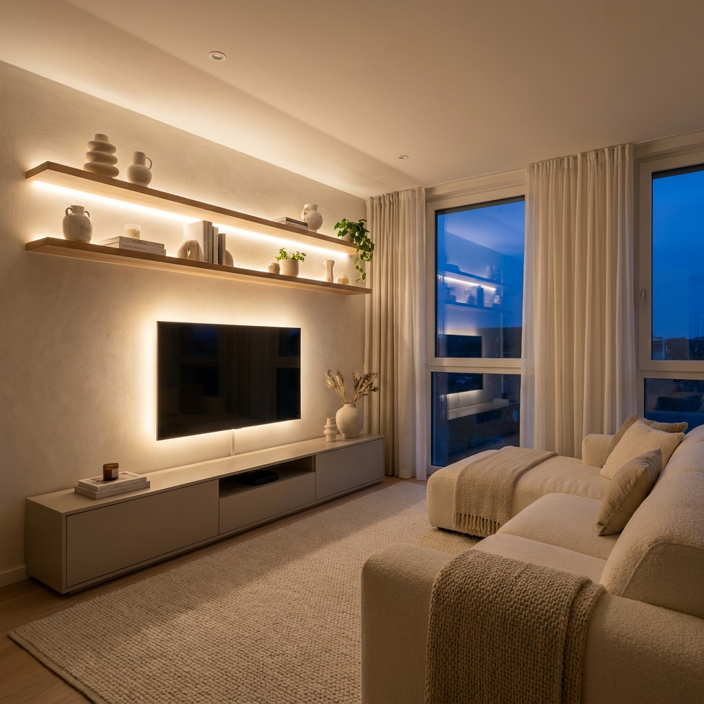 Cozy living room with warm ambient LED strip lighting