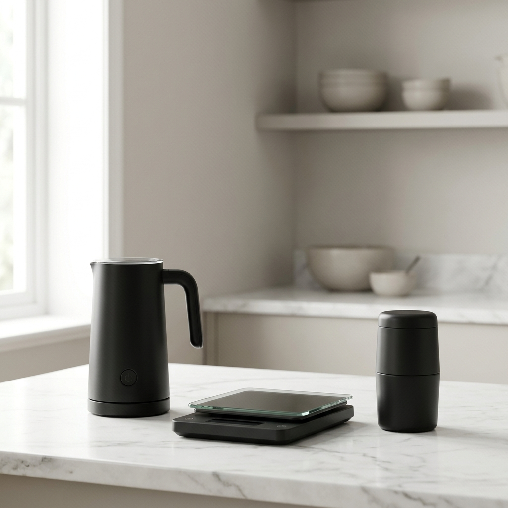 Sleek modern kitchen gadgets on a marble counter
