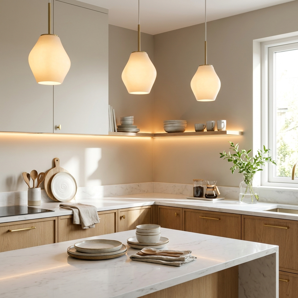 Bright modern kitchen with warm pendant and LED lighting