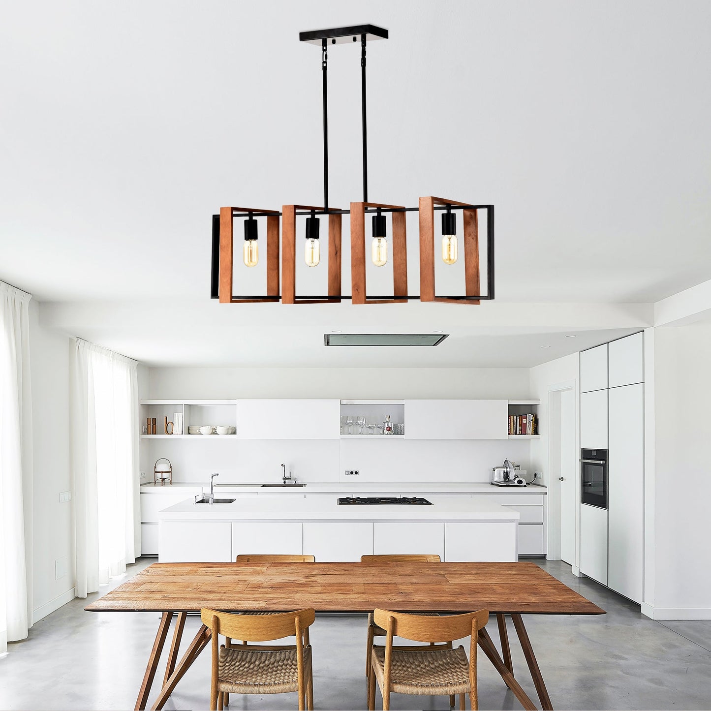 4-Light Wood & Black Island Pendant