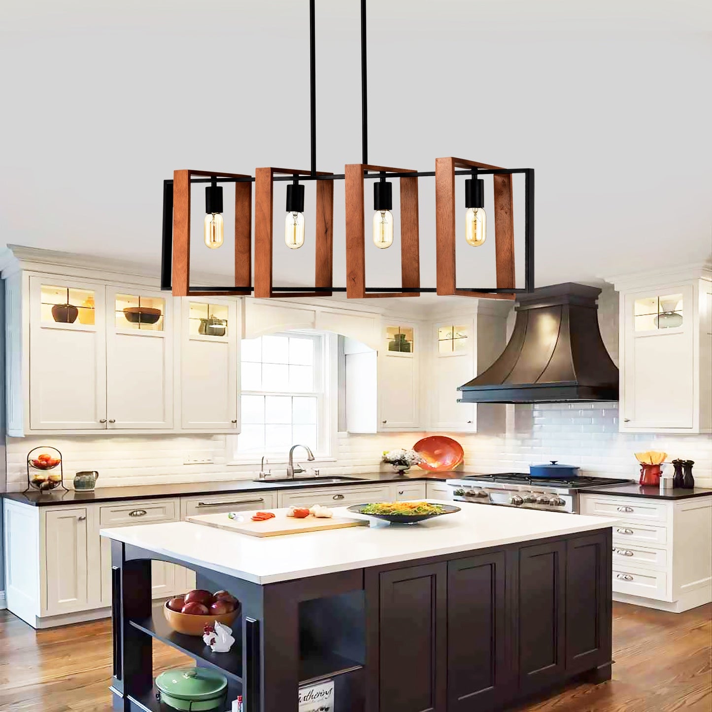 4-Light Wood & Black Island Pendant