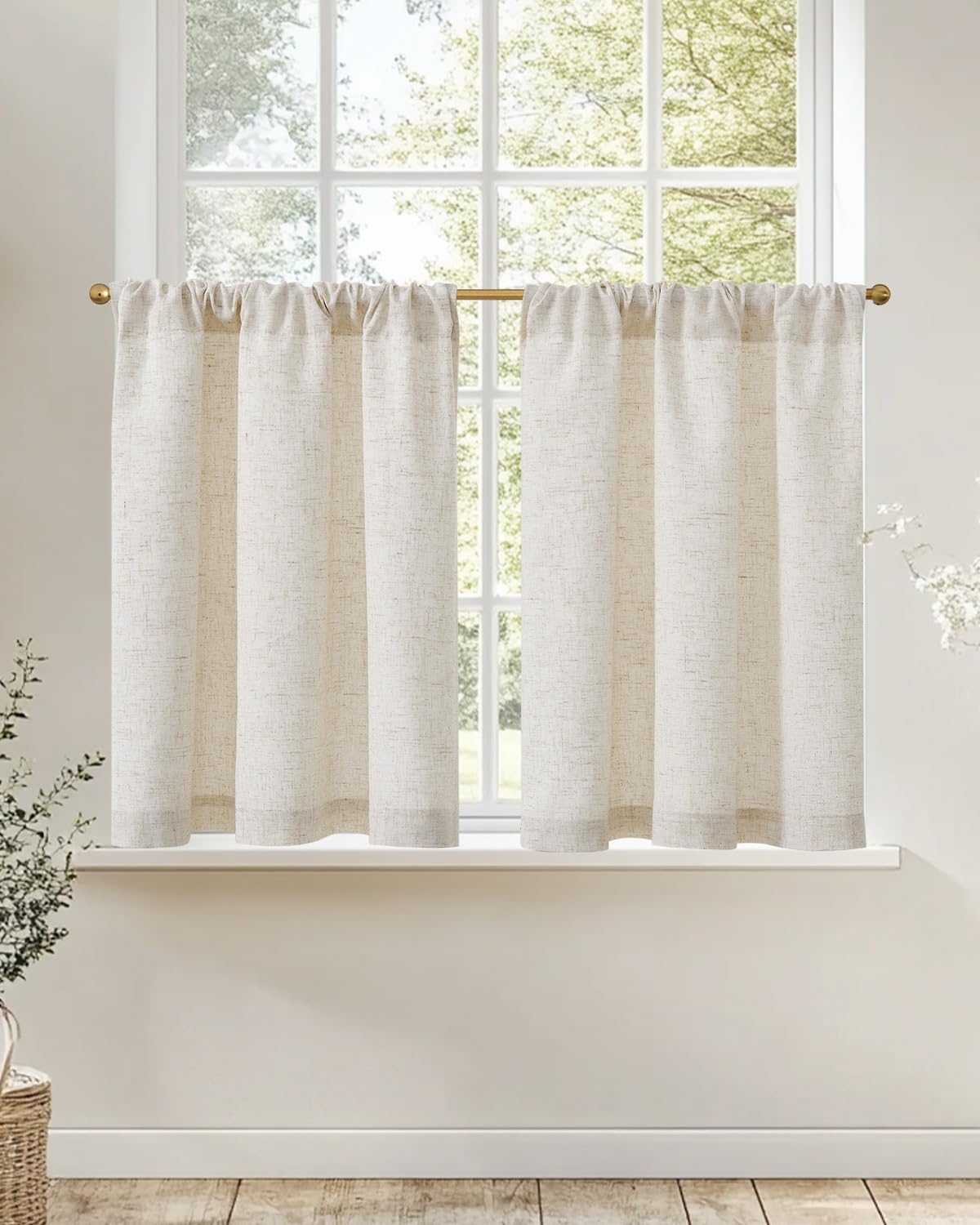 Linen Tier Café Curtains, 2 Panels – Farmhouse Rod Pocket Curtains, 26"W x 24"L