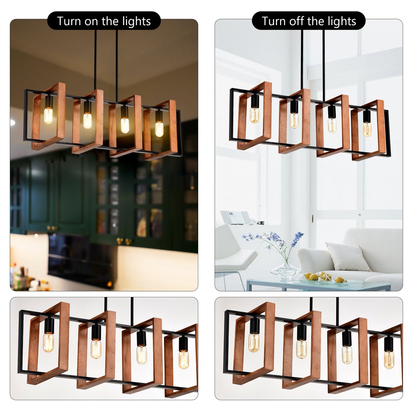 4-Light Wood & Black Island Pendant