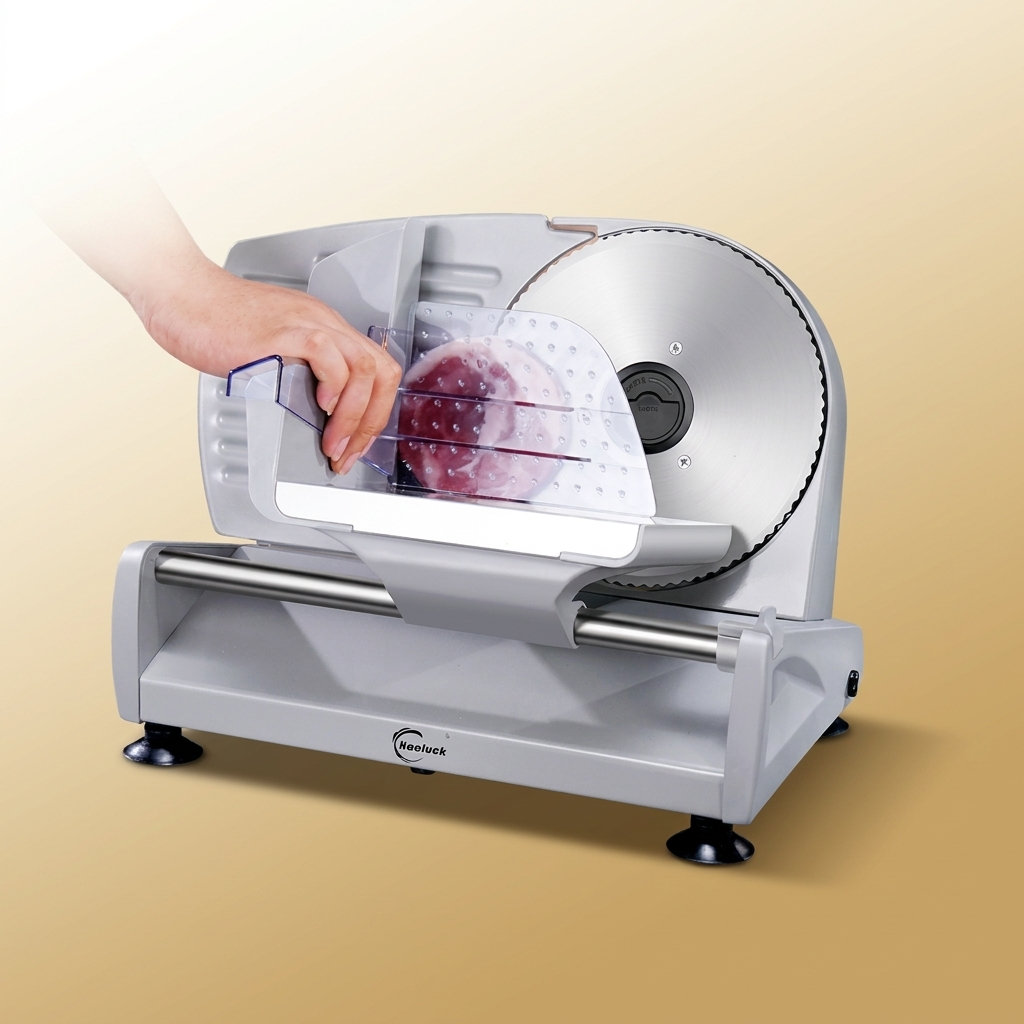 Electric Slicer on warm gold-sand background