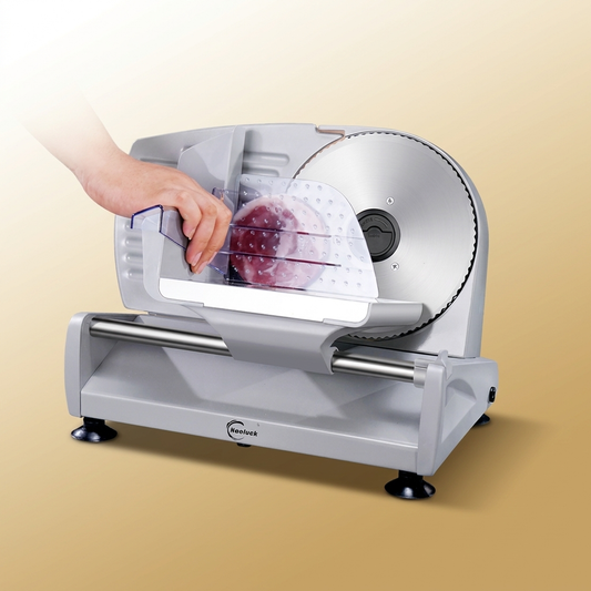 Electric Slicer on warm gold-sand background