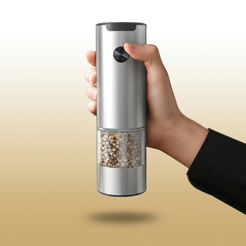 Electric Pepper Grinder on warm gold-sand background