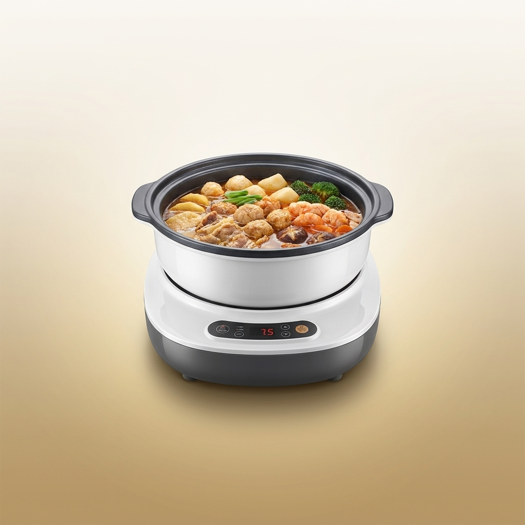 Electric Cooking Pot on warm gold-sand background