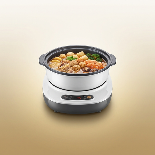 Electric Cooking Pot on warm gold-sand background