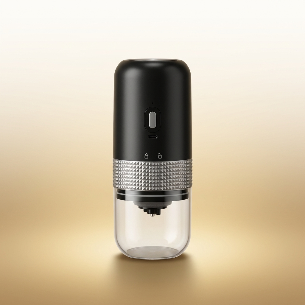 Ceramic Coffee Grinder on warm gold-sand background
