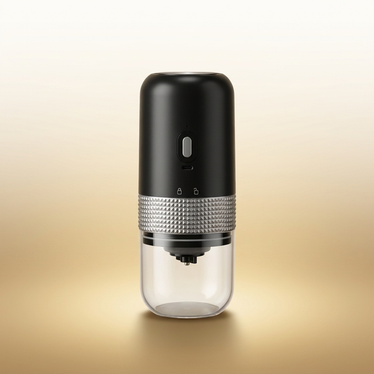 Ceramic Coffee Grinder on warm gold-sand background