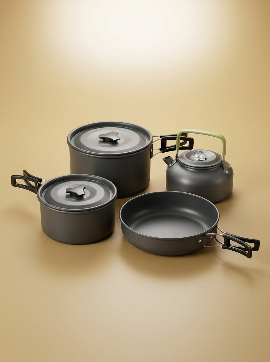 Camping Cookware gold-sand background