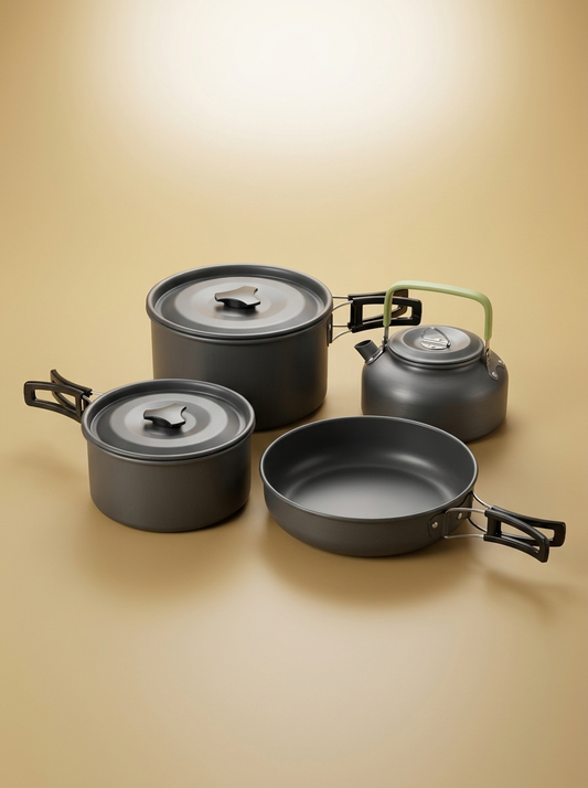 Camping Cookware gold-sand background