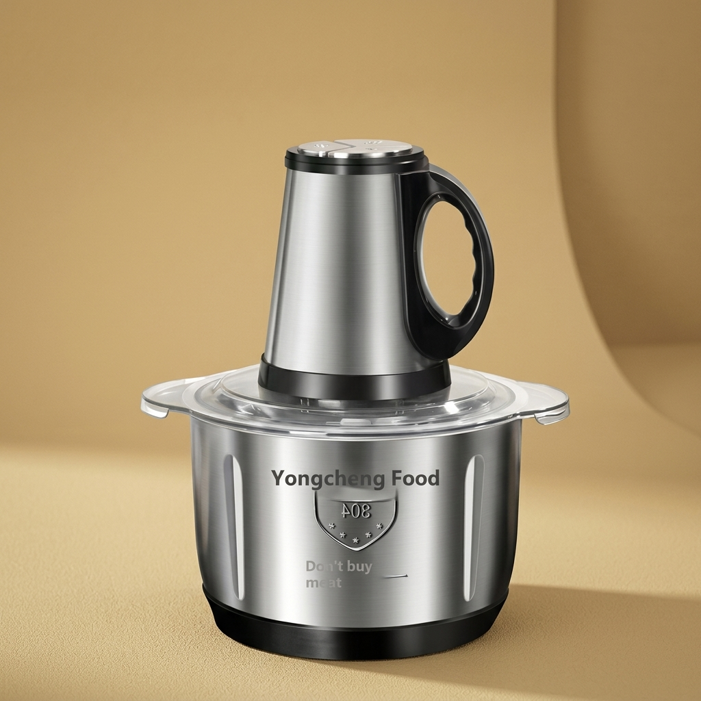 Stainless Steel Meat Grinder on gold-sand background