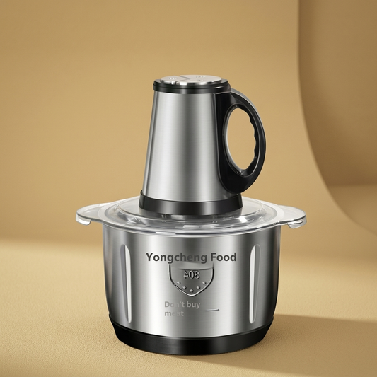 Stainless Steel Meat Grinder on gold-sand background
