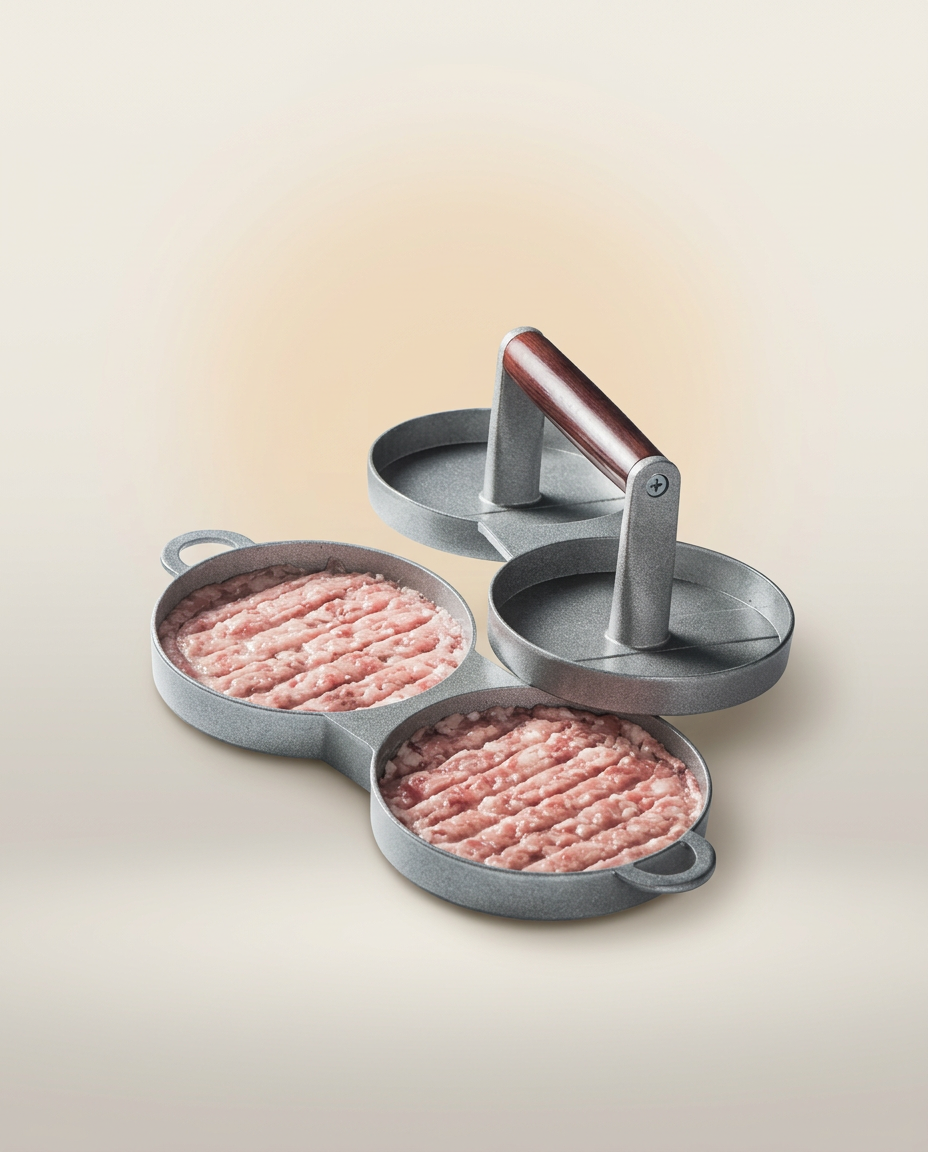 Aluminum Burger Smash Press on a warm ivory studio backdrop