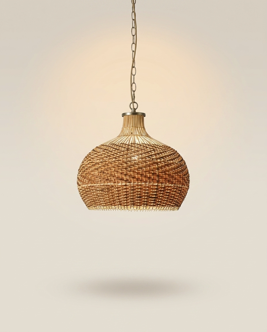Woven Rattan Pendant Light on a warm ivory studio backdrop