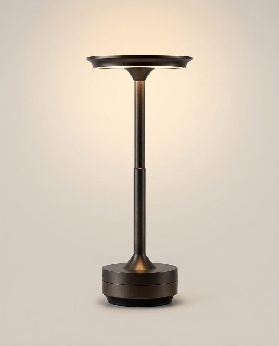 Minimalist Aluminum Touch Table Lamp on a warm ivory studio backdrop