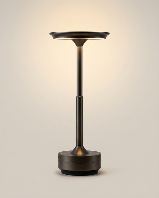 Minimalist Aluminum Touch Table Lamp on a warm ivory studio backdrop