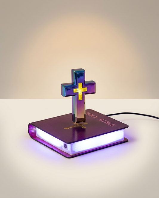 Floating Magnetic Levitation Cross on a warm ivory studio backdrop