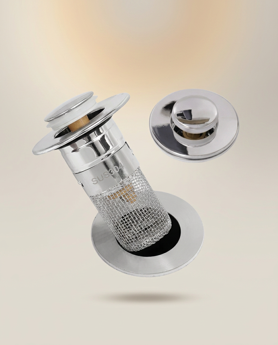 Pop-Up Sink Drain Stopper and Filter on a warm ivory studio backdrop