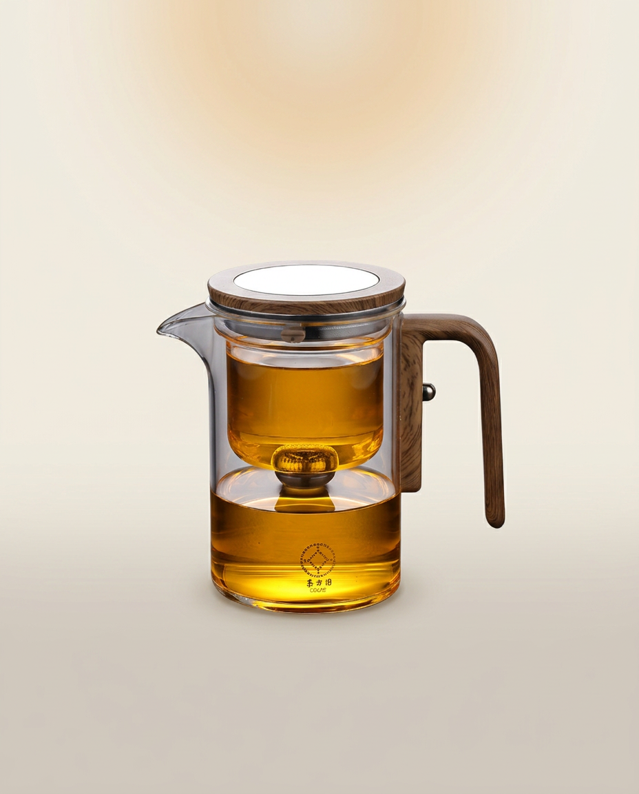 Glass Tea Infuser Cup with Strainer on a warm ivory studio backdrop