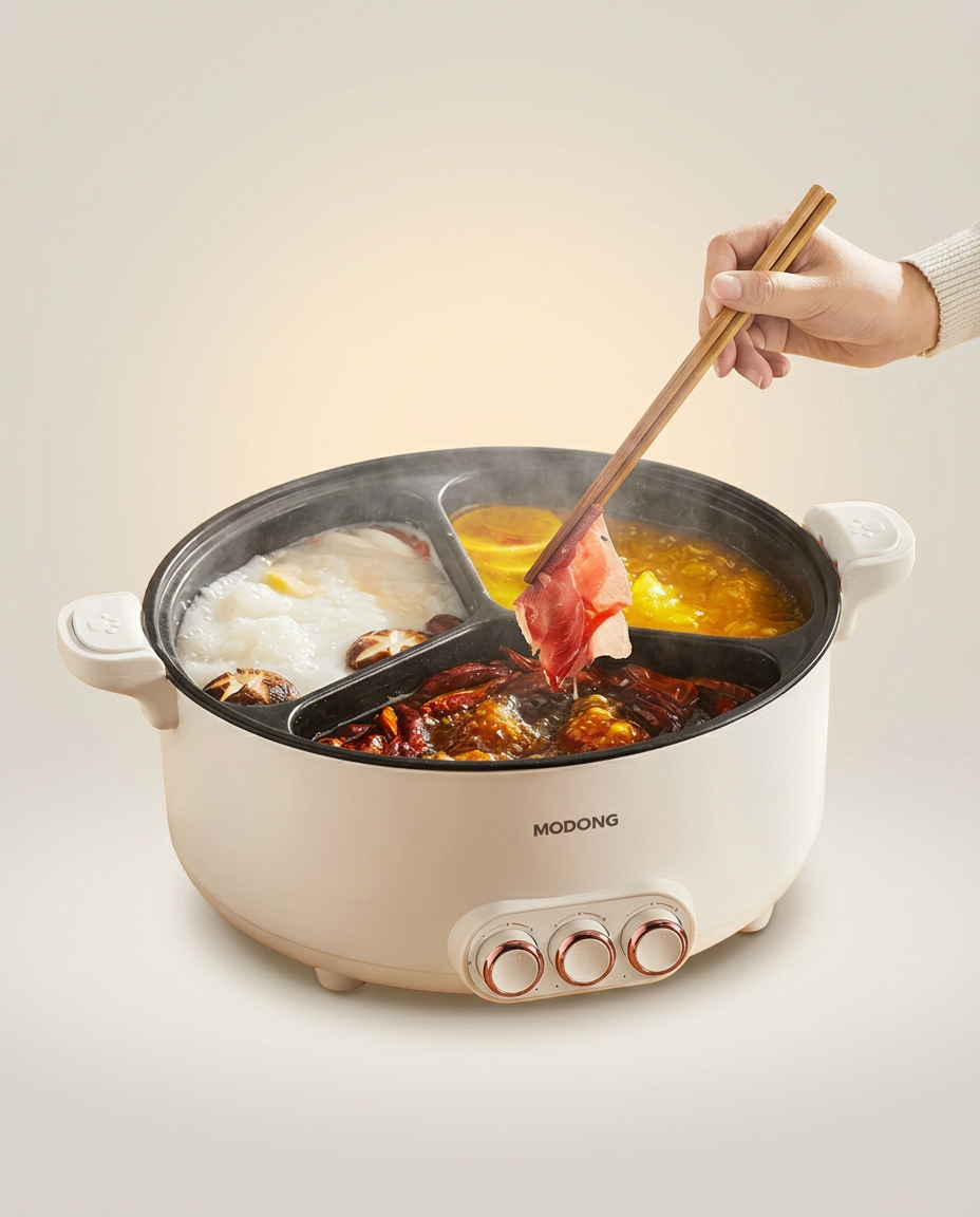 Multifunction Electric Hot Pot and Cooker on a warm ivory studio backdrop