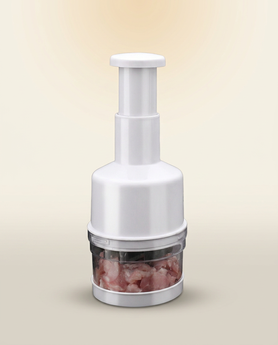 Stainless Steel Garlic Slicer and Cutter on a warm ivory studio backdrop